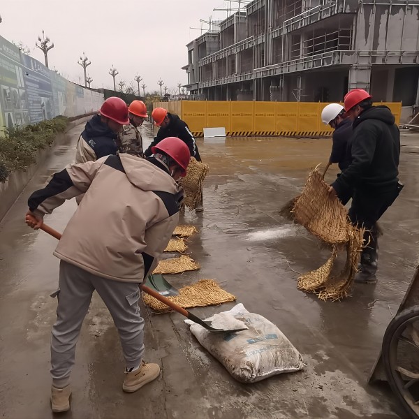 嘉湖區域公司鳳鳴和院項目作業人員對現場主要施工通道進行工業鹽撒布以及草墊鋪設(1).jpg